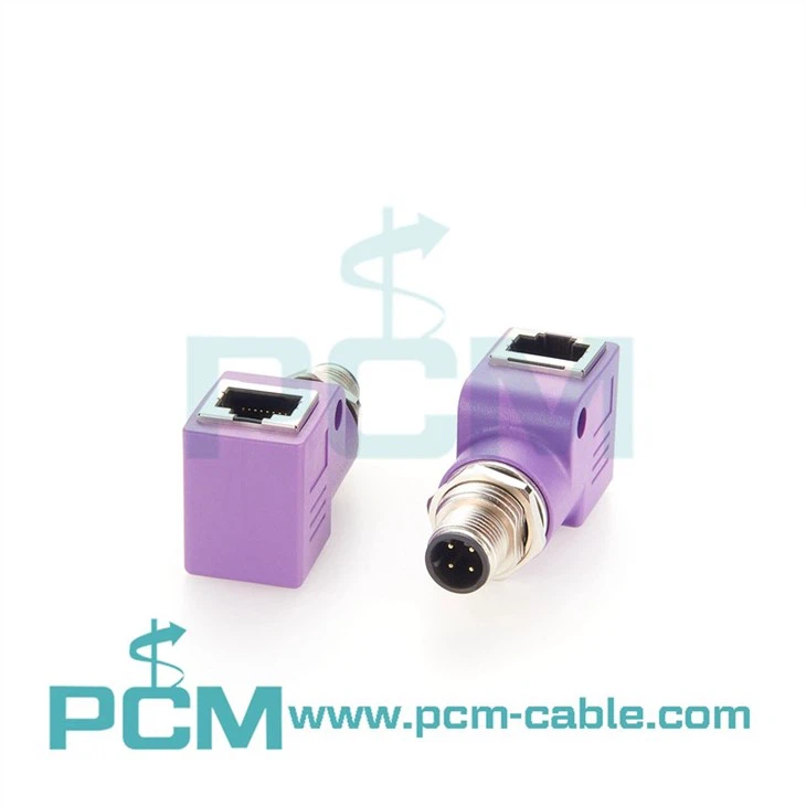 IndustrialNet Cat 5e D Shielded Circular Adapter M12 D-Code to RJ45 Angled
