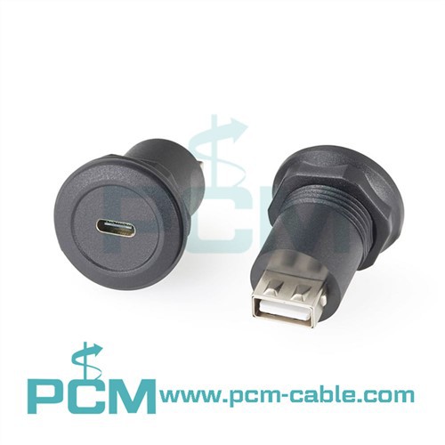 USB C Jack to USB A Jack Round Panel Mount Adapter