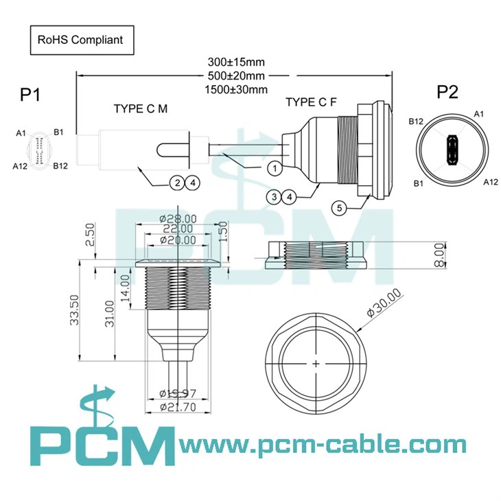 drawing dimensions cutout size of usb c panel mount extension cable