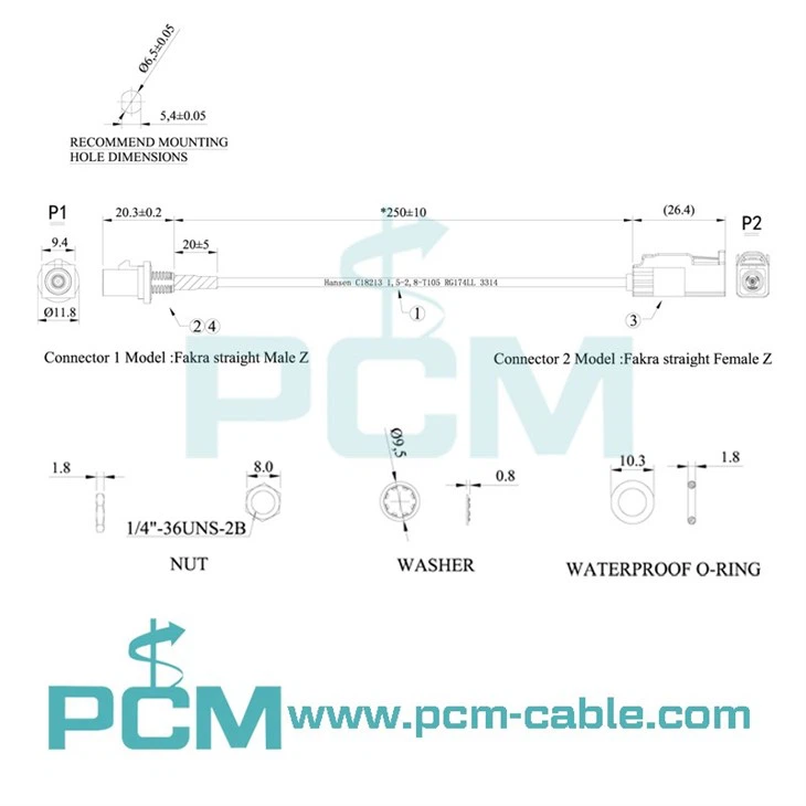 drawing cutout size dimensions of Panel Mount Bulkhead SMA to FAKRA Cable Assemblies