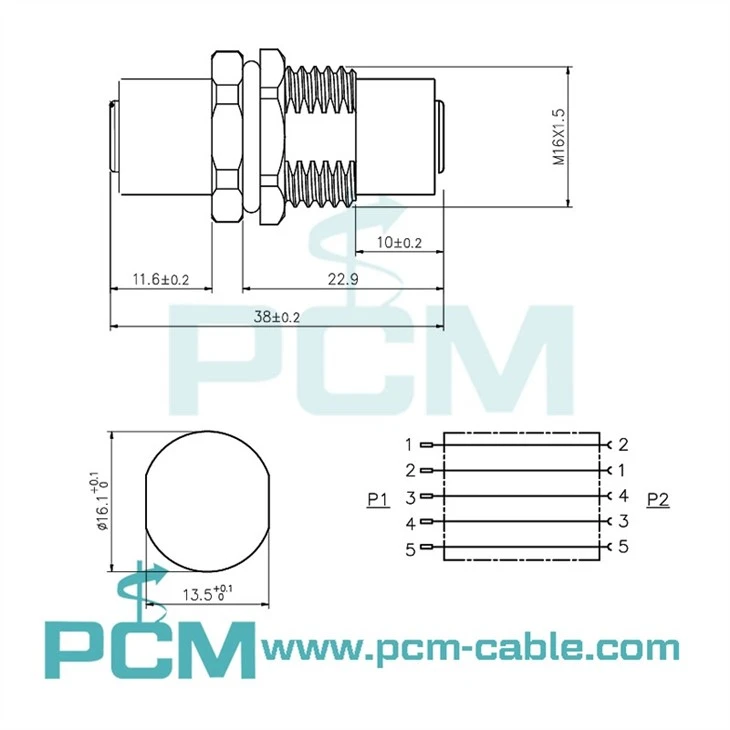 Drawing dimensions size of M12 B-Code 5-Pin Male-Female Panel Connector
