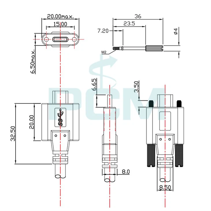 drawing of USB type c cable with lock screw