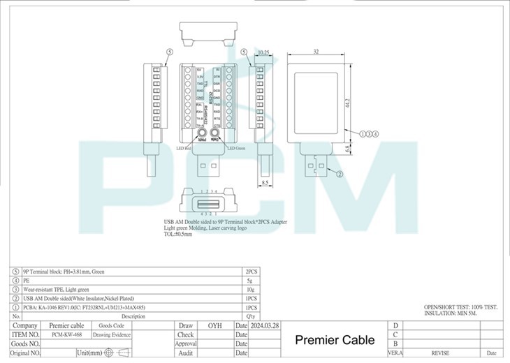 drawing of usb to rs485 rs422 rs232 ttl adapter