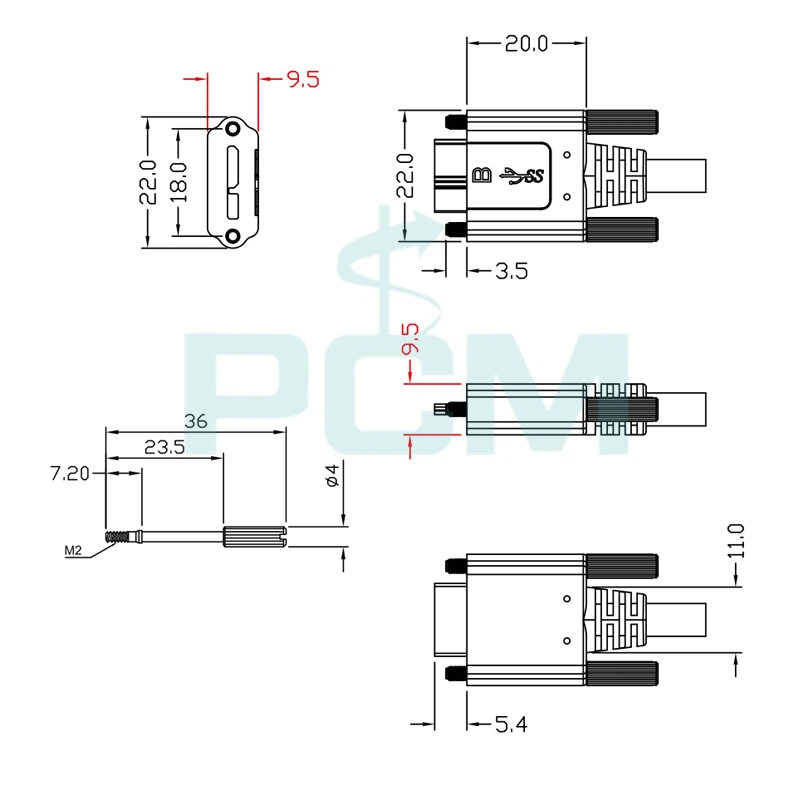 drawing of micro USB 30 cable lock screw panel mount cable drawing of micro USB 30 cable lock screw panel mount cable