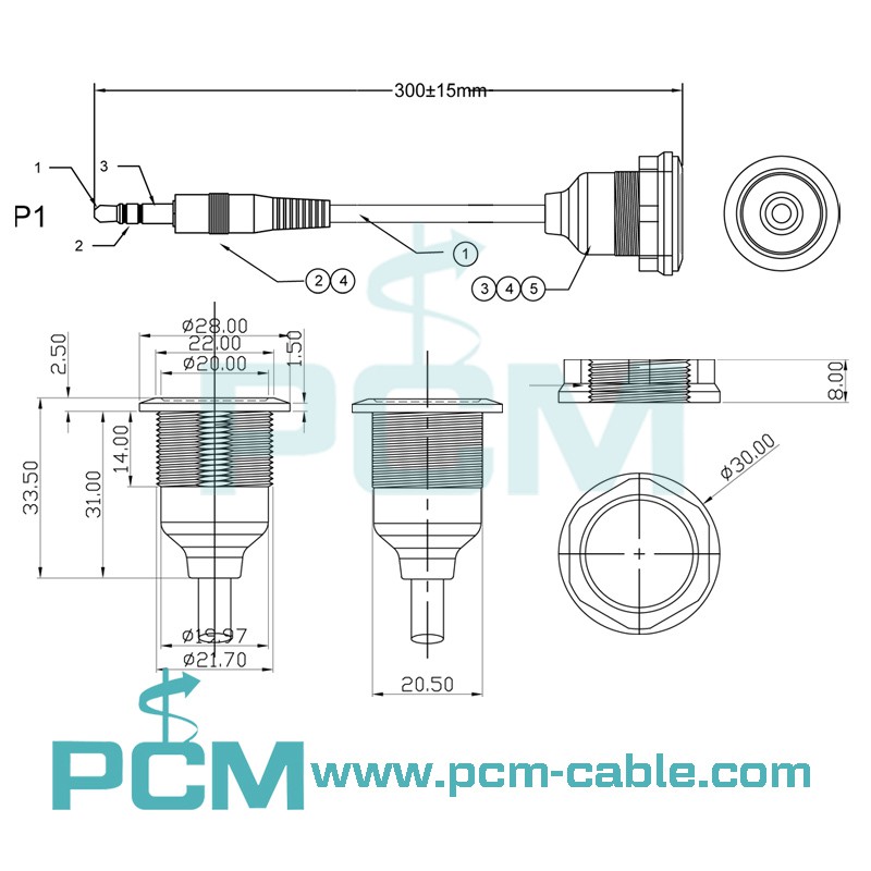 Drawing dimensions cutout size of Round Panel Mount Stereo Audio Extension Cable Drawing dimensions cutout size of Round Panel Mount Stereo Audio Extension Cable