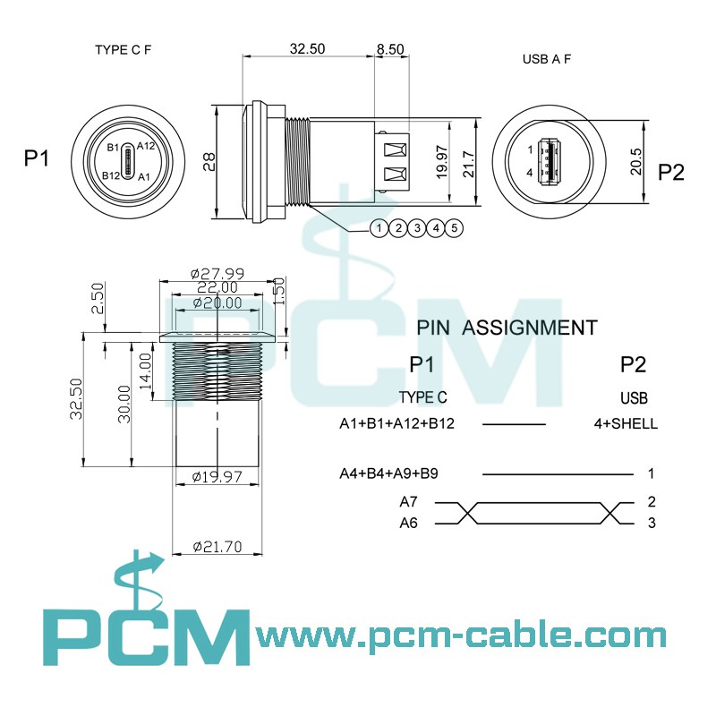 dimensions cutout size of USB C Jack to USB A Jack Round Panel Mount Adapter dimensions cutout size of USB C Jack to USB A Jack Round Panel Mount Adapter