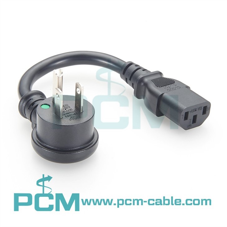 NEMA 5-15 Male Plug Angled to IEC320 C13 Connector SJT 16AWG Hospital Grade Power Cord