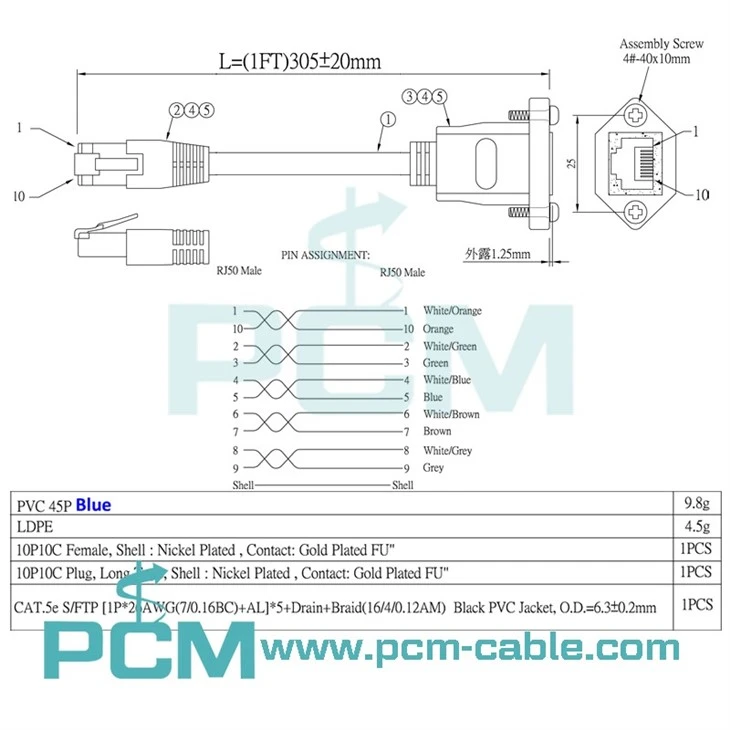 drawing dimension of RJ50 panel mount cable 10P10C screw lock panel mount RJ48 feed through cable